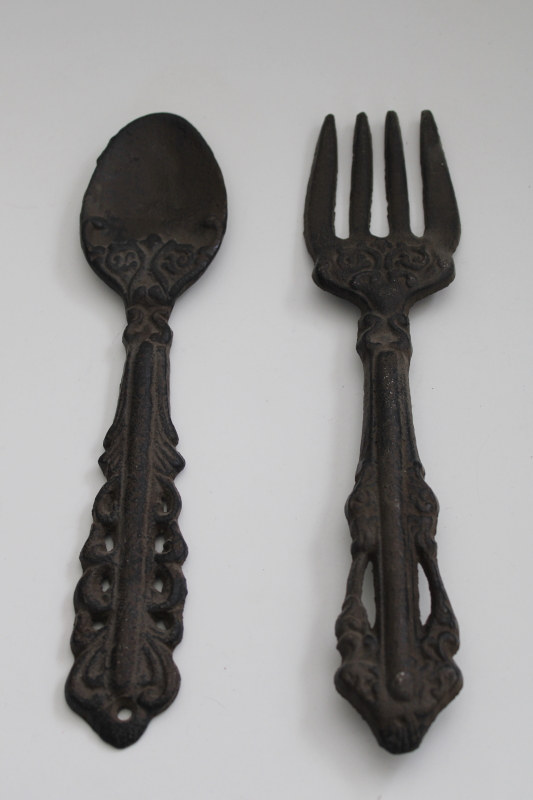 photo of large fork and spoon decorative cast iron wall art, vintage style french country kitchen decor #3