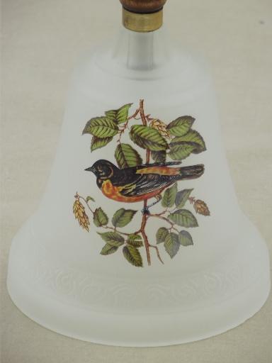 photo of large frosted glass bell, wood handle schoolhouse bell w/ oriole bird #2