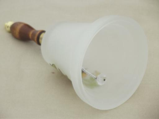 photo of large frosted glass bell, wood handle schoolhouse bell w/ oriole bird #3