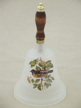 catalog photo of large frosted glass bell, wood handle schoolhouse bell w/ oriole bird