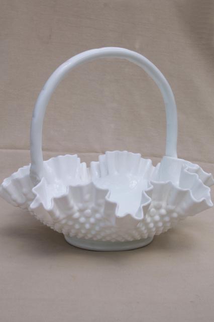 photo of large glass basket, Fenton hobnail milk glass, vintage brides basket #1