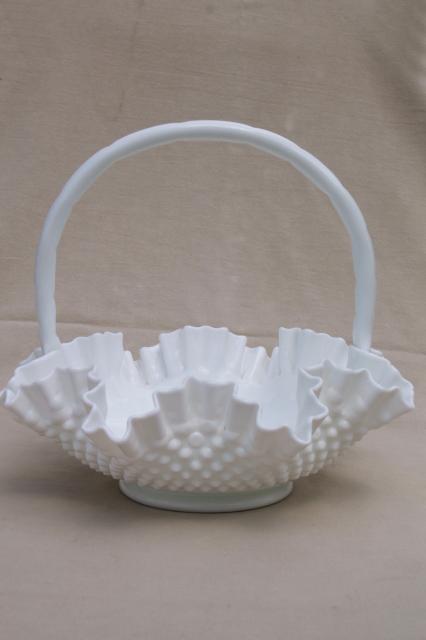 photo of large glass basket, Fenton hobnail milk glass, vintage brides basket #3