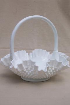 catalog photo of large glass basket, Fenton hobnail milk glass, vintage brides basket