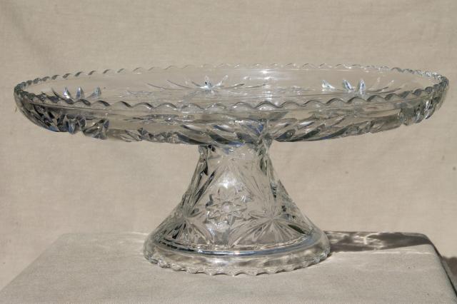 photo of large glass cake stand, vintage Anchor Hocking pres cut star pattern glass pedestal plate #1