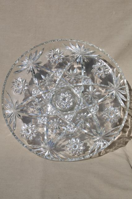 photo of large glass cake stand, vintage Anchor Hocking pres cut star pattern glass pedestal plate #2