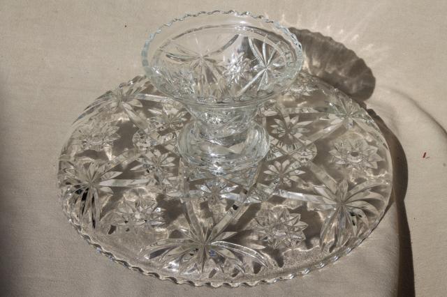 photo of large glass cake stand, vintage Anchor Hocking pres cut star pattern glass pedestal plate #6