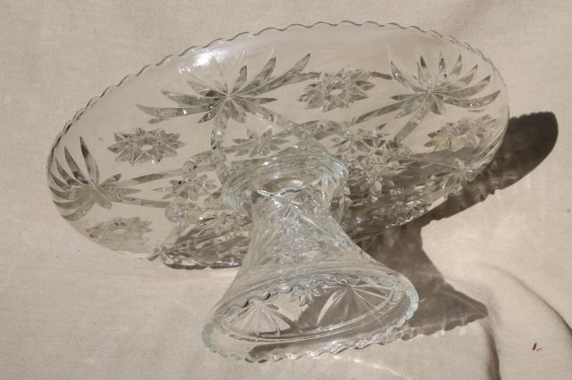 photo of large glass cake stand, vintage Anchor Hocking pres cut star pattern glass pedestal plate #7