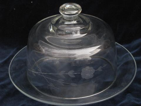 photo of large glass cheese plate w/ round glass dome cover, etched flowers #1