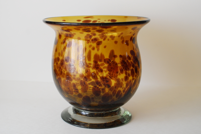 photo of large hand blown glass flower vase, 90s vintage tortoise shell spotted amber brown glass  #1