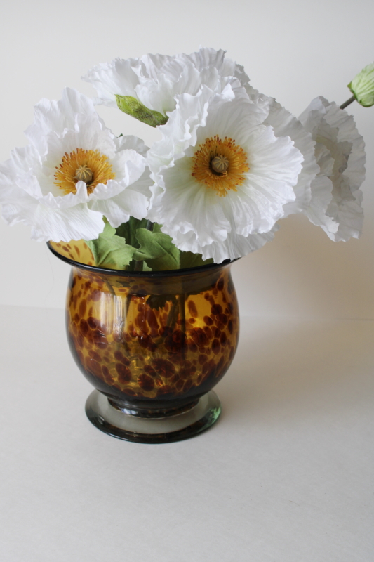 photo of large hand blown glass flower vase, 90s vintage tortoise shell spotted amber brown glass  #2