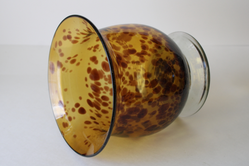 photo of large hand blown glass flower vase, 90s vintage tortoise shell spotted amber brown glass  #3