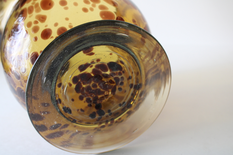 photo of large hand blown glass flower vase, 90s vintage tortoise shell spotted amber brown glass  #4