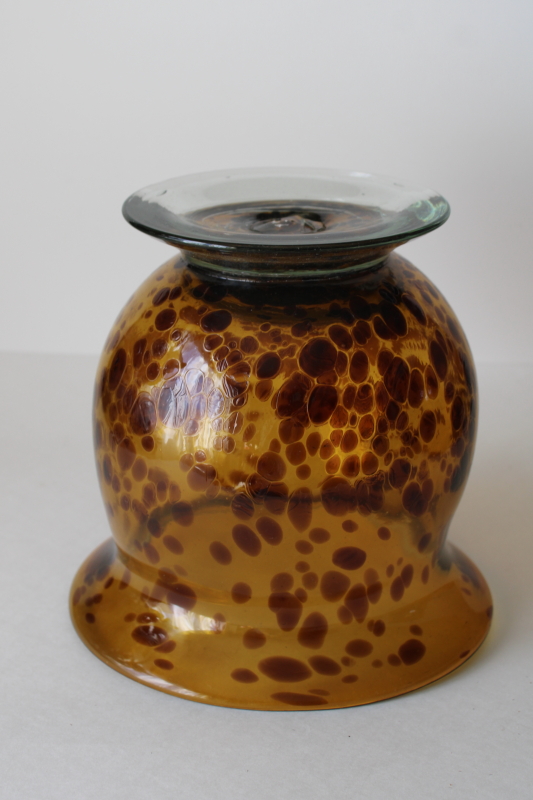 photo of large hand blown glass flower vase, 90s vintage tortoise shell spotted amber brown glass  #5
