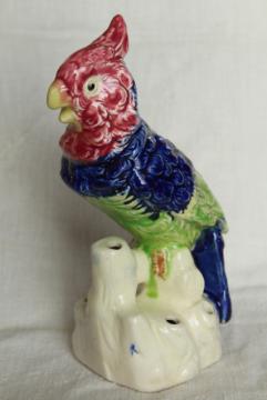 catalog photo of large hand painted ceramic parrot flower holder figurine, vintage made in Japan 