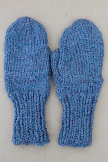 photo of large hand-knitted mittens, primitive blue knit mittens to wear or display #2