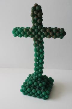 catalog photo of large handmade tramp art cross, weathered jade green beaded wire, vintage southwest style