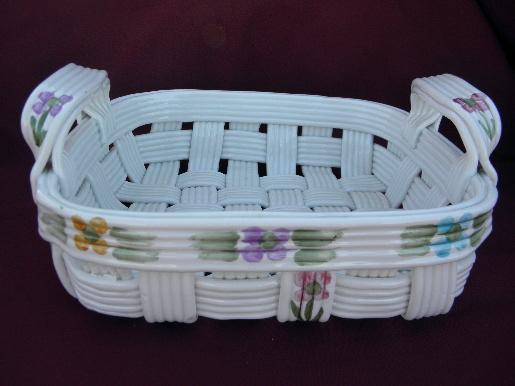 photo of large hand-painted ceramic basket, vintage Italian pottery w/ label #1