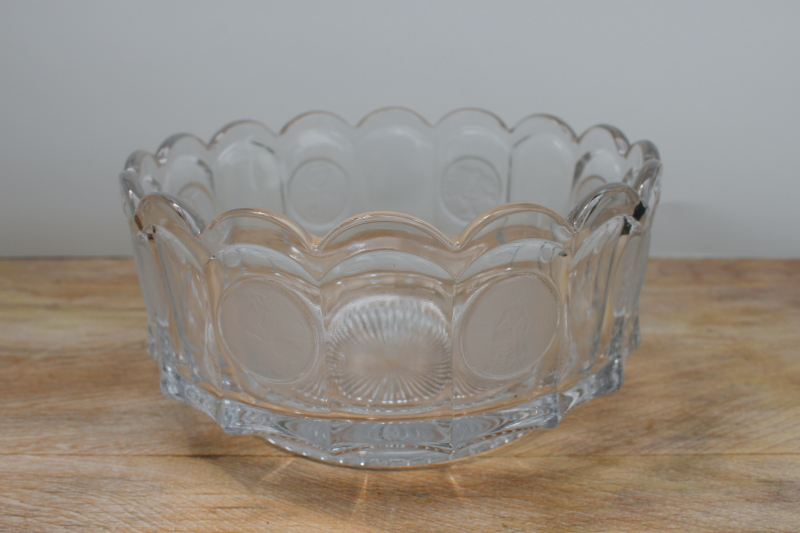 photo of large heavy crystal clear coin glass bowl, 1970s vintage Fostoria made for Avon #1