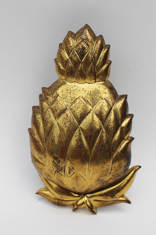 photo of large heavy vintage solid brass door knocker 8 inches long, pineapple symbol of welcome #1