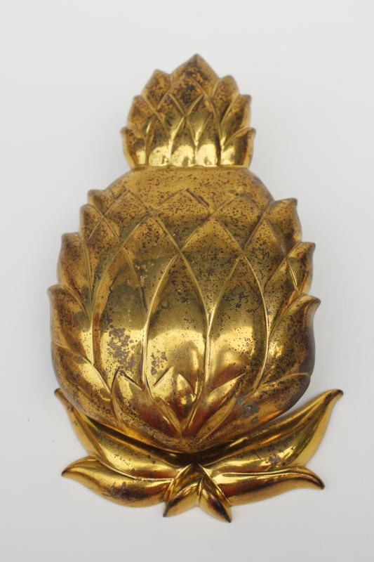 photo of large heavy vintage solid brass door knocker 8 inches long, pineapple symbol of welcome #7