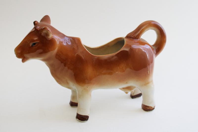 photo of large jersey cow cream pitcher, vintage hand painted Japan ceramic cow creamer #6