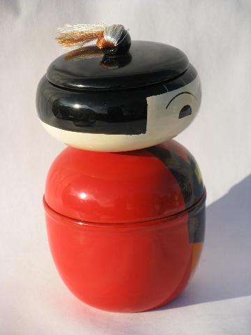 photo of large lacquerware bobble head doll, vintage Japan colored lacquer jewelry box #2