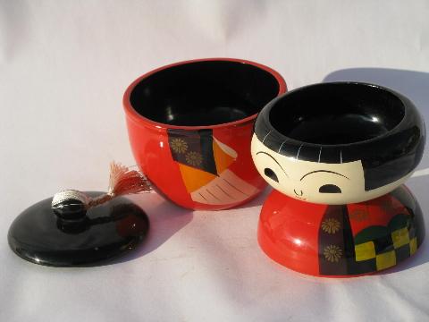 photo of large lacquerware bobble head doll, vintage Japan colored lacquer jewelry box #3