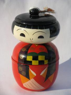 catalog photo of large lacquerware bobble head doll, vintage Japan colored lacquer jewelry box