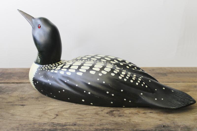 photo of large life-size vintage carved wood loon decoy numbered Ducks Unlimited Lac La Croix  #1