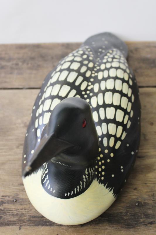 photo of large life-size vintage carved wood loon decoy numbered Ducks Unlimited Lac La Croix  #8