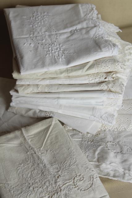 photo of large lot all white vintage embroidered cotton pillowcases w/ knitted lace & crochet #1