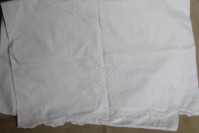 photo of large lot all white vintage embroidered cotton pillowcases w/ knitted lace & crochet #4