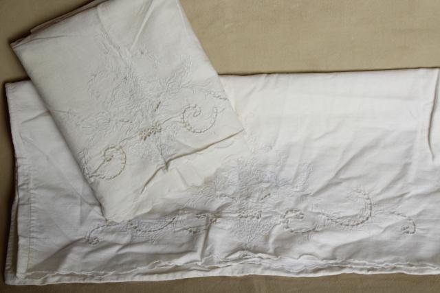 photo of large lot all white vintage embroidered cotton pillowcases w/ knitted lace & crochet #6