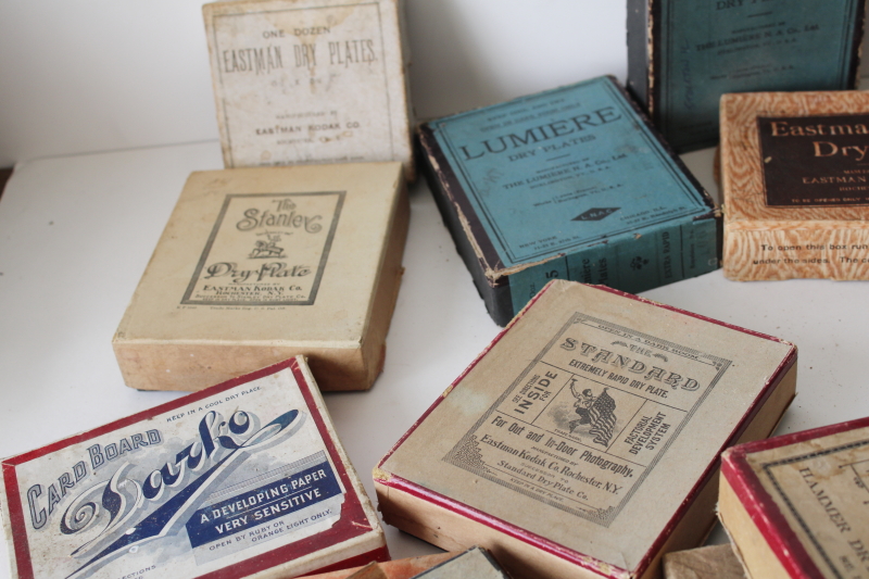 photo of large lot antique photographic supplies advertising boxes full of old glass plate photo negatives  #6