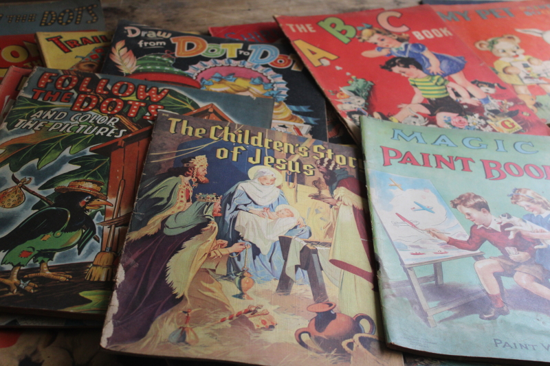 photo of large lot antique vintage coloring books & dot to dot picture books, colorful cover art  #4