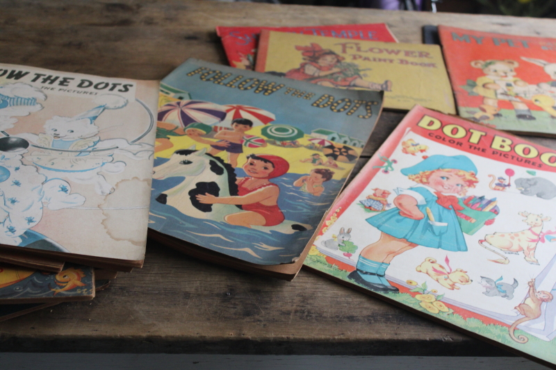 photo of large lot antique vintage coloring books & dot to dot picture books, colorful cover art  #5