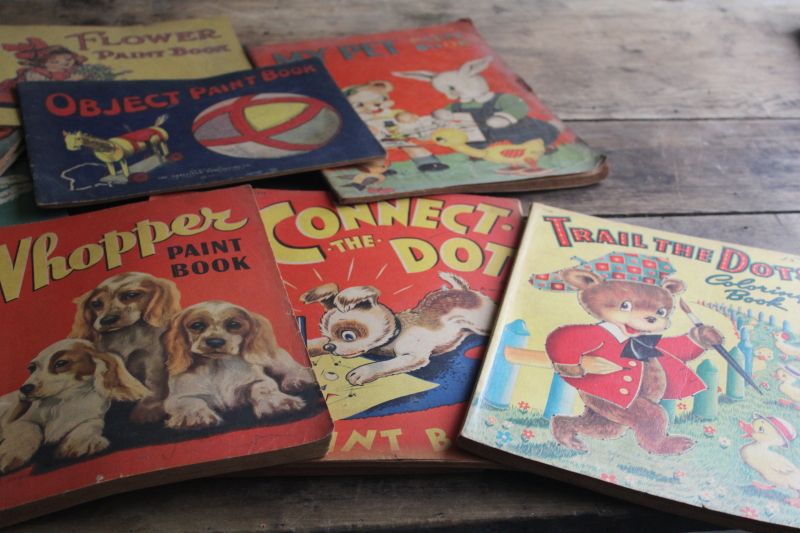 photo of large lot antique vintage coloring books & dot to dot picture books, colorful cover art  #6