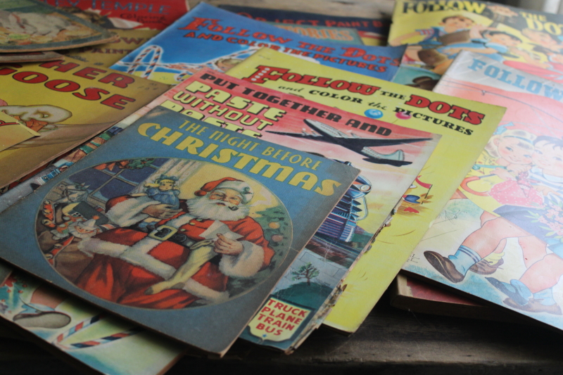 photo of large lot antique vintage coloring books & dot to dot picture books, colorful cover art  #9