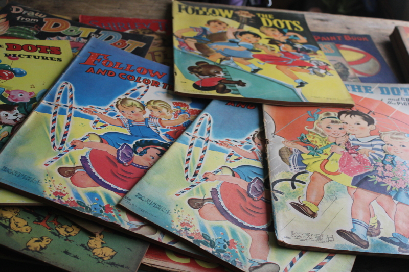 photo of large lot antique vintage coloring books & dot to dot picture books, colorful cover art  #12