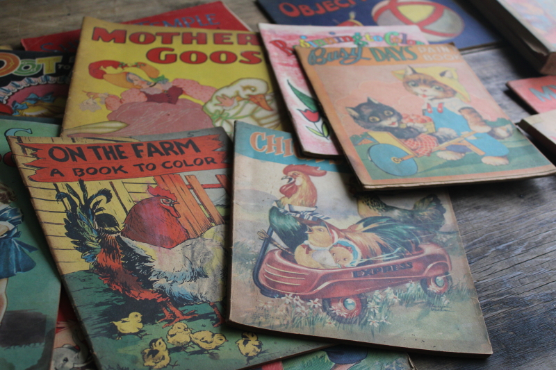 photo of large lot antique vintage coloring books & dot to dot picture books, colorful cover art  #16