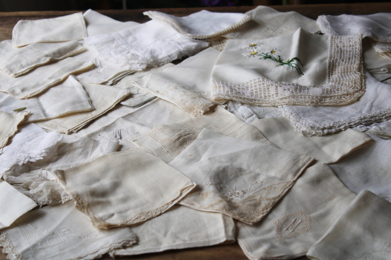 photo of large lot antique vintage handkerchiefs, 40 plus cotton linen hankies w/ lace & embroidery #1