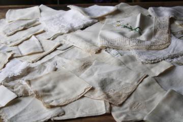 catalog photo of large lot antique vintage handkerchiefs, 40 plus cotton linen hankies w/ lace & embroidery