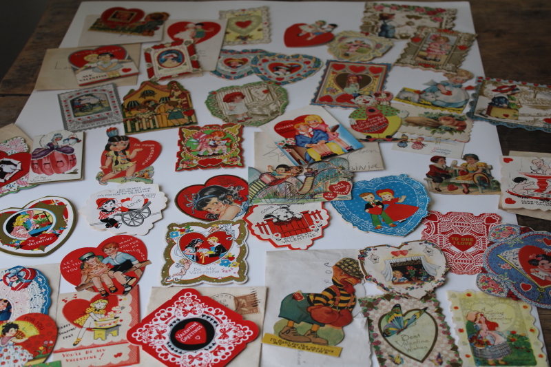 photo of large lot antique & vintage valentines, 1919 - 1940s die cuts, paper greeting cards #1