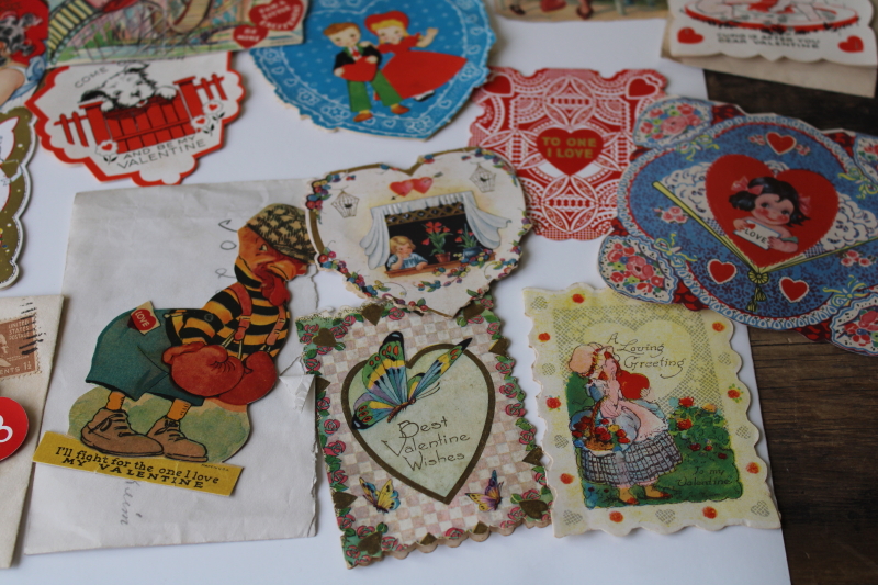 photo of large lot antique & vintage valentines, 1919 - 1940s die cuts, paper greeting cards #6