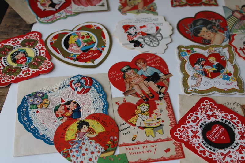 photo of large lot antique & vintage valentines, 1919 - 1940s die cuts, paper greeting cards #8