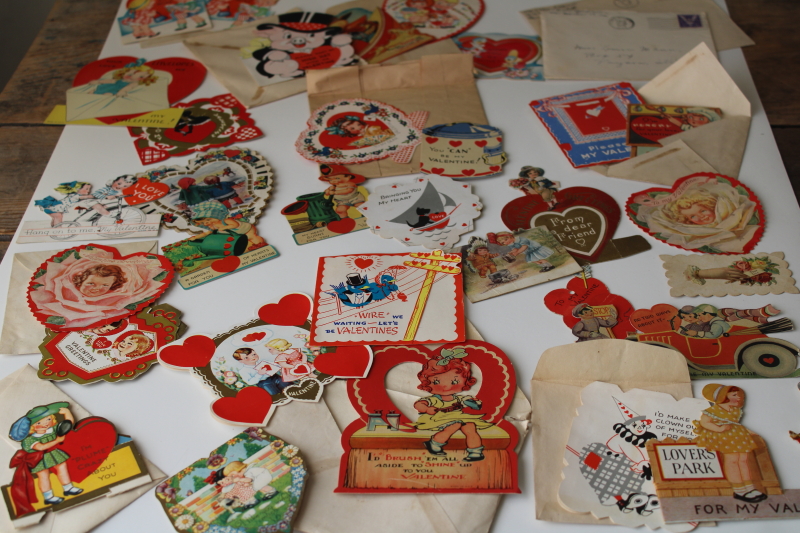 photo of large lot antique & vintage valentines, 1919 â€“ 1940s die cuts, paper greeting cards #1