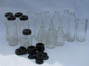 catalog photo of large lot assorted old glass baby bottles, vintage bakelite lids