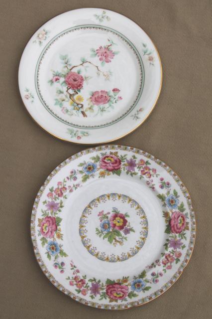 photo of large lot mismatched flowered china plates, antique vintage floral pattern dishes #4