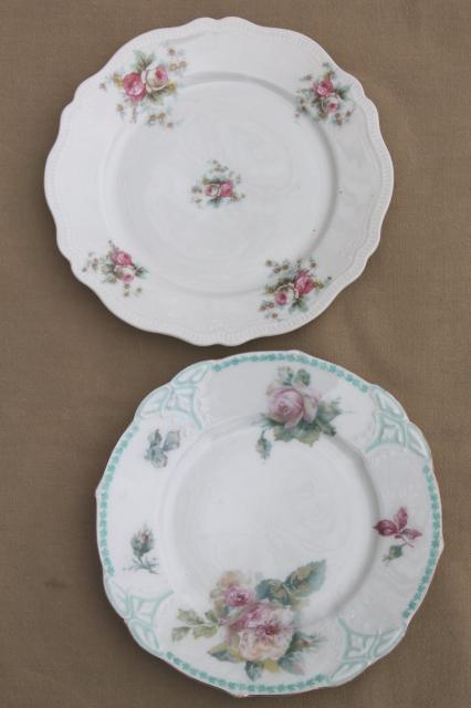 photo of large lot mismatched flowered china plates, antique vintage floral pattern dishes #13