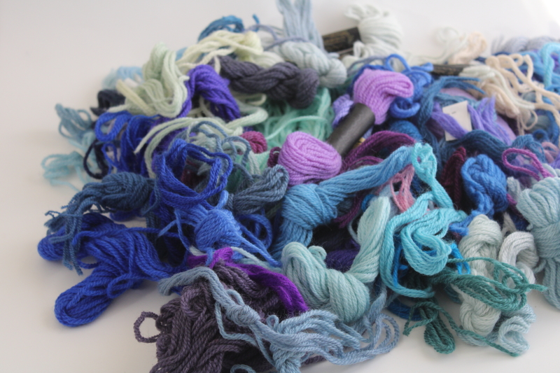 photo of large lot of Persian wool yarn for needlepoint or crewel embroidery, cool blues & lavender colors #1